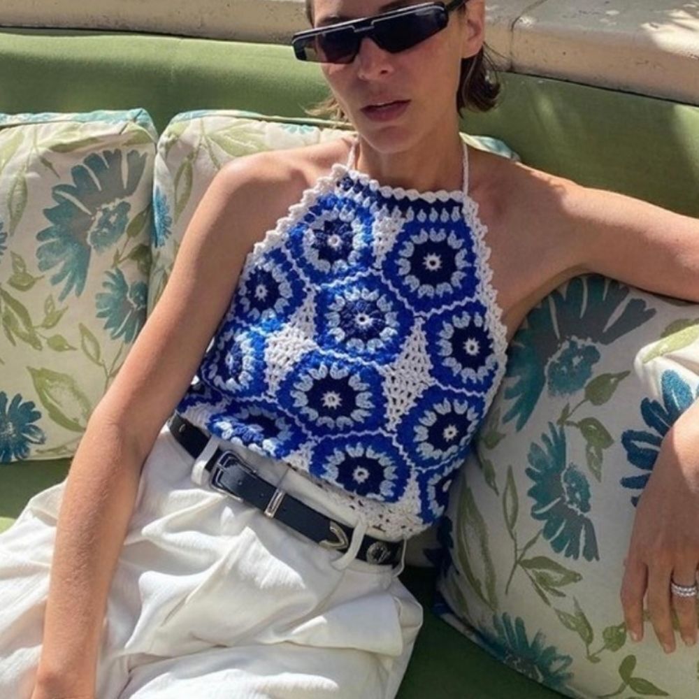 Granny Square evil eye crochet blue and white halterneck tank top - Picture 3 of 3